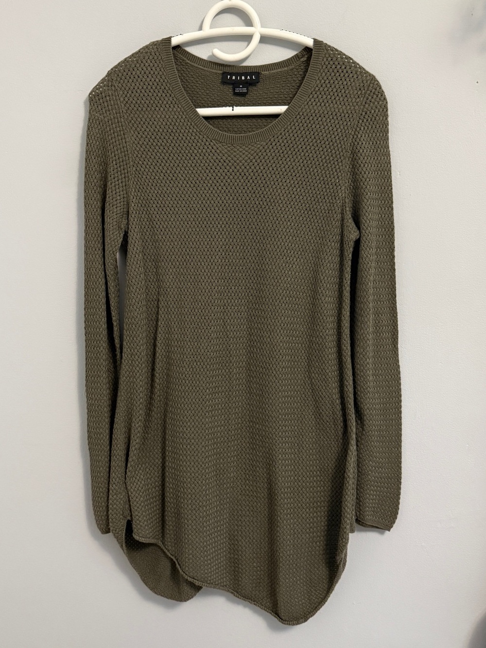 Tribal Olive Scoop Neck Waffle Knit Long Sleeve Top